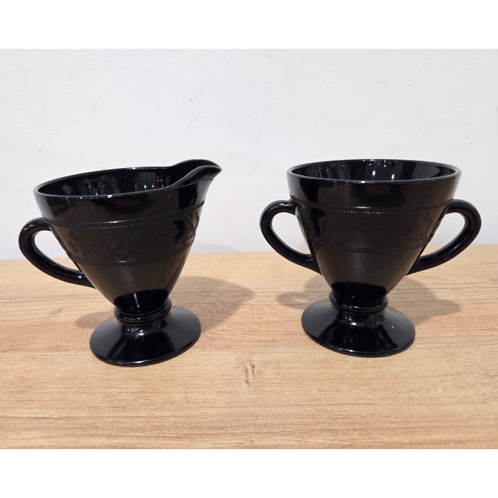 Hazel Atlas Cloverleaf Black Depression Glass Sugar & Cream Creamerer Set